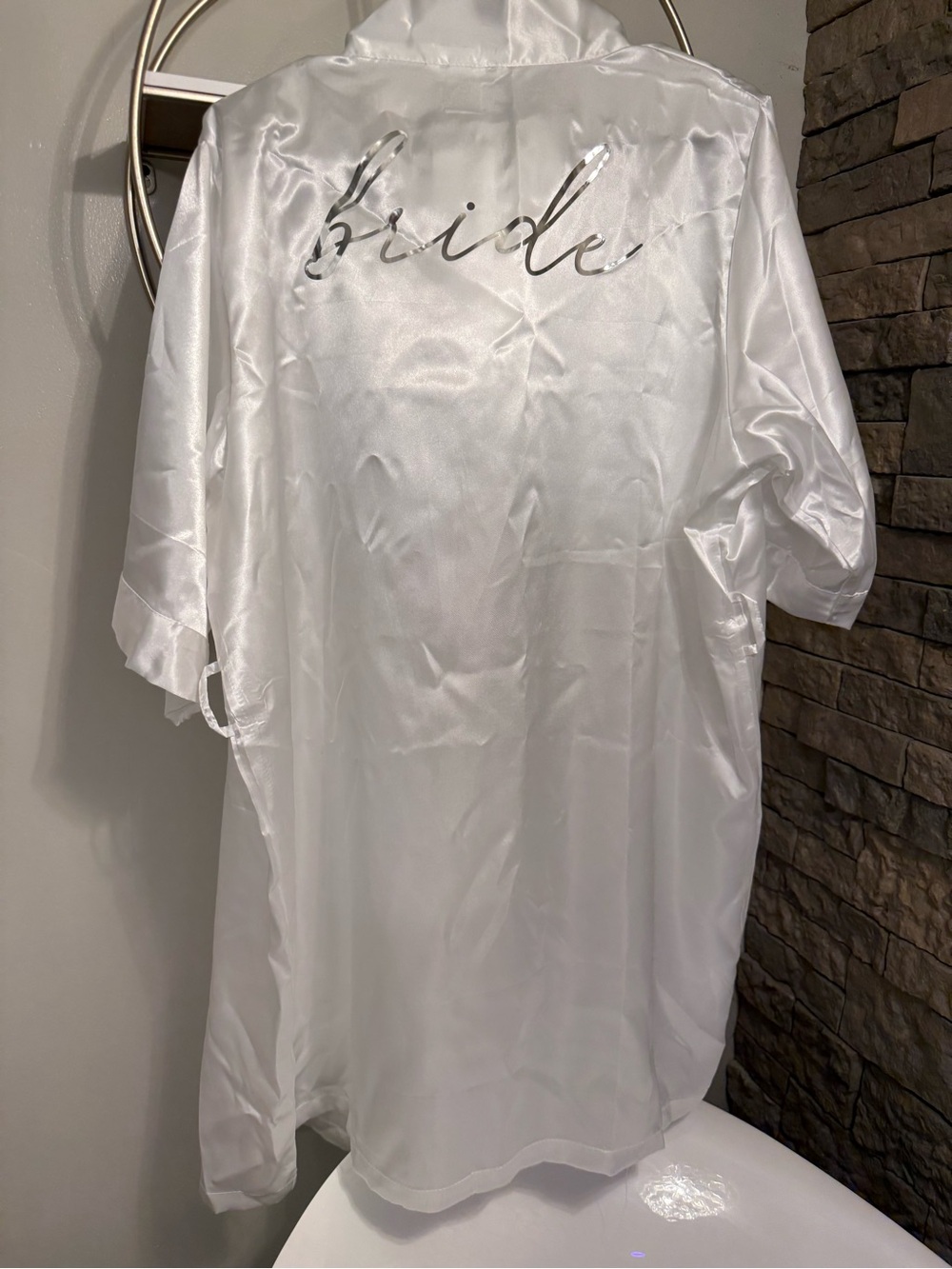 White Satin 'Bride' Robe with Silver Script
